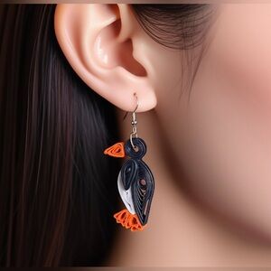 Adorable Handmade Quilled Penguin Earrings - Black, White & Orange